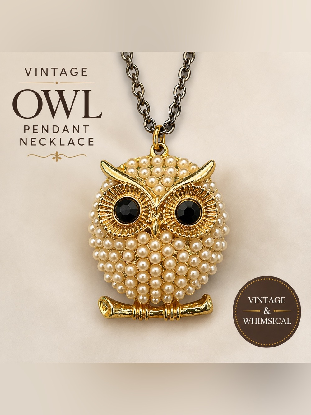 Vintage Owl Pendant Necklace Faux Pearl Gold Tone Black Eyes Statement Jewelry